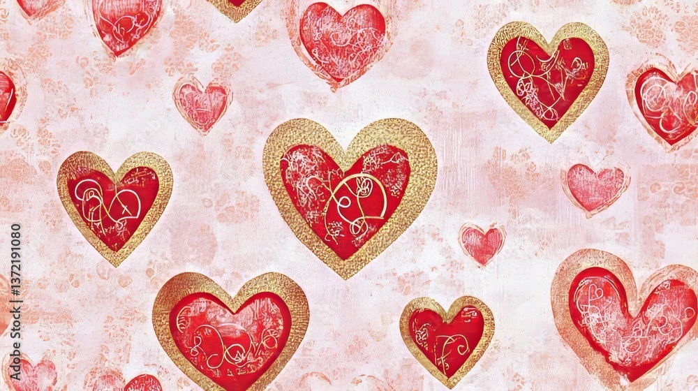Fototapeta premium pattern Valentineâ€™s Day theme incorporating colors red and pink and metallic gold, incorporating Hearts 