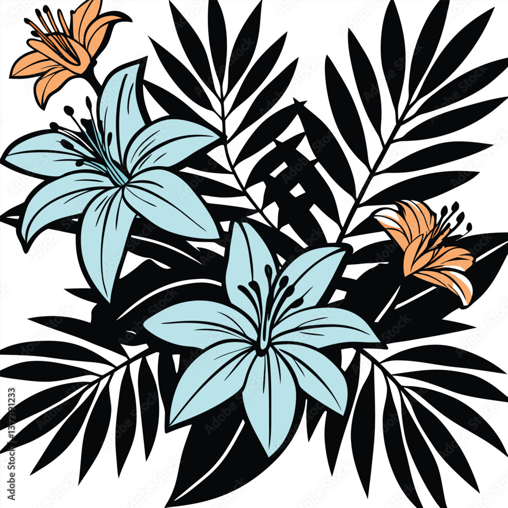 Black and white seamless floral pattern with leaves and decorative elements Black and white seamless floral pattern with leaves and decorative elements