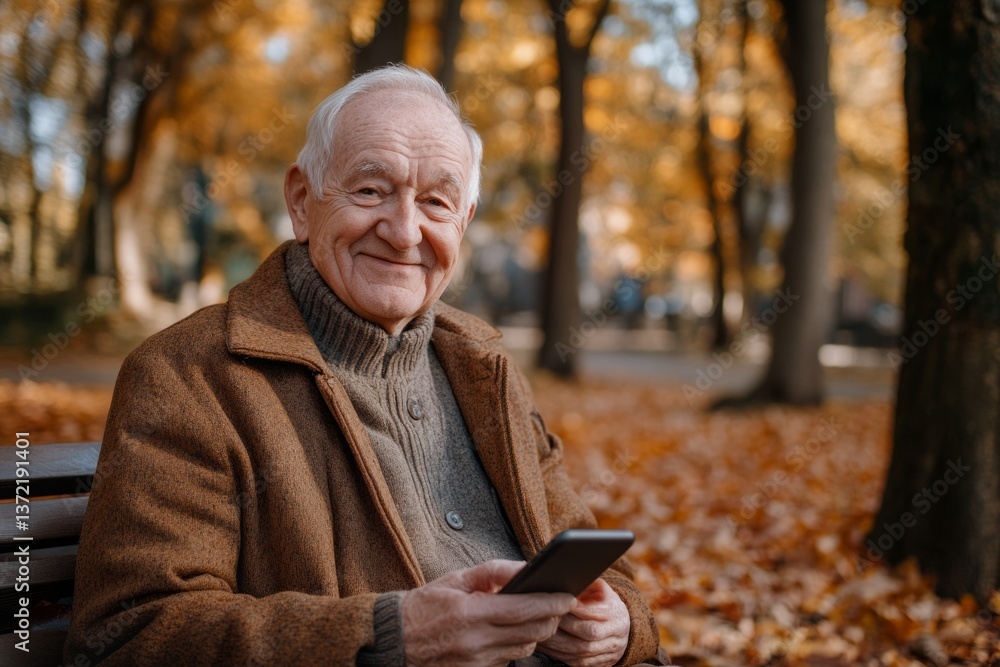Elderly man enjoying autumn in the park while using smartphone surrounded by colorful leaves Elderly man enjoying autumn in the park while using smartphone surrounded by colorful leaves