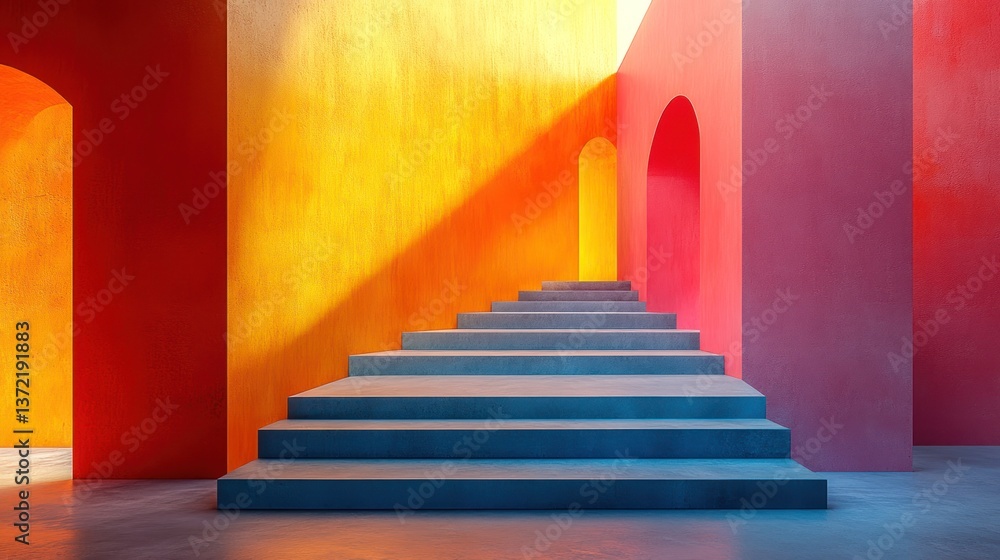 Fototapeta premium Colorful architectural stairs, arches, sunlight in abstract space