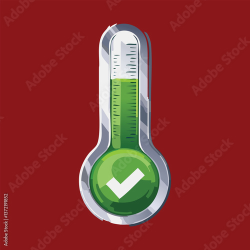 Green temperature gauge with checkmark, indicating success. Set against red background