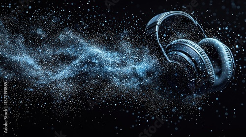 Headphones in a cosmic soundscape, a symphony of light and sound