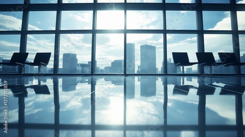 Modern airport terminal with city view