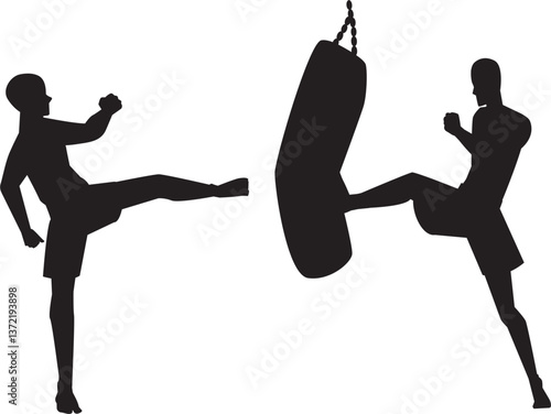 boxer hitting punching bag silhouette vector
