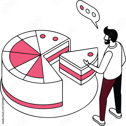 A businessman holding a pie chart surrounded by poker cards, chips, and symbols of luck, success, and gambling, illustrating a blend of business and chance