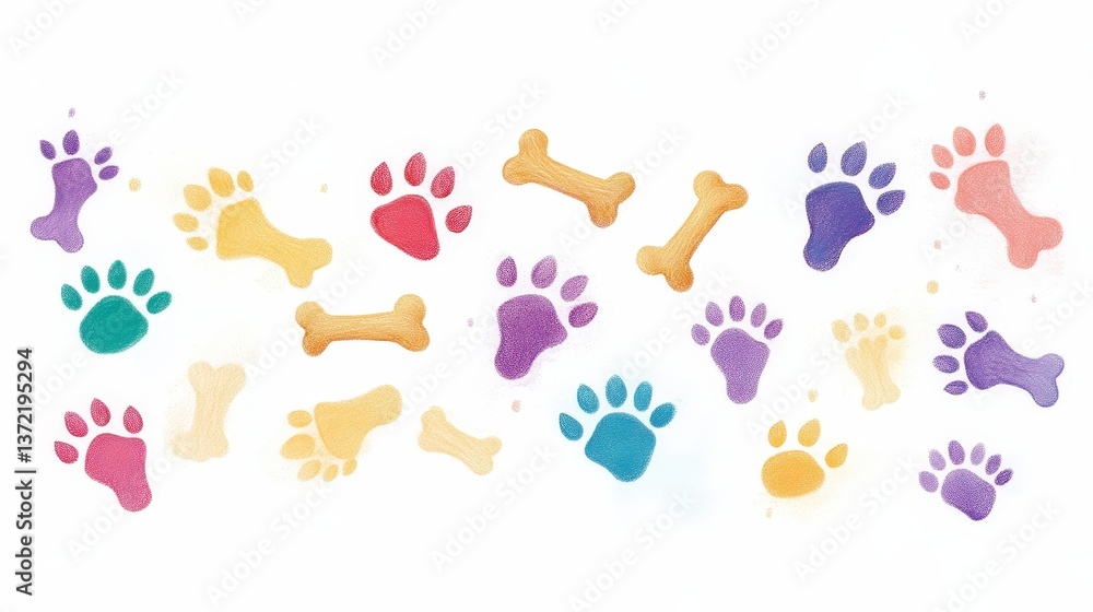 Colorful Paw Prints and Bones on a White Background Colorful Paw Prints and Bones on a White Background