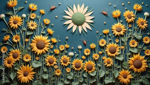 Sunflower garden with bugs in artistic floral arrangement on teal background