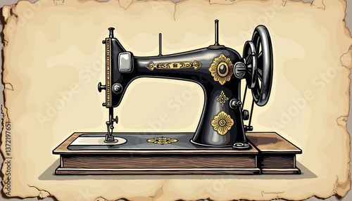 Vintage sewing machine illustration with intricate details on a textured background
