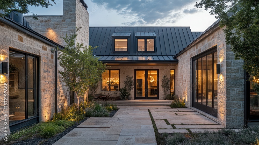 Rustic stone home courtyard at dusk Rustic stone home courtyard at dusk