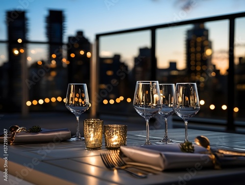 Romantic Rooftop Dinner with Cityscape View: Elegant Evening Dining with Candlelit Atmosphere and Fine Dining Meal Presentation
