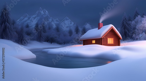Cozy Log Cabin in Snowy Mountains at Night