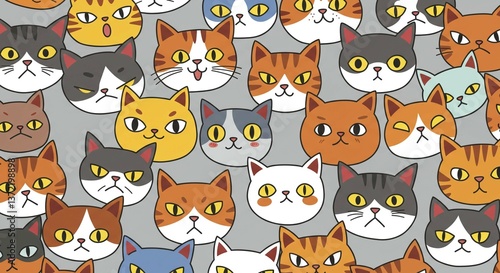 Adorable Cartoon Cats Seamless Pattern Cute Kitten Faces Background Illustration