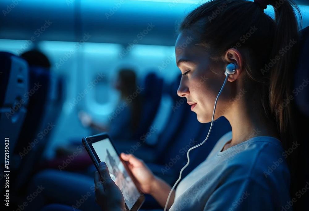 Young woman relaxing with wireless earbuds and tablet on airplane