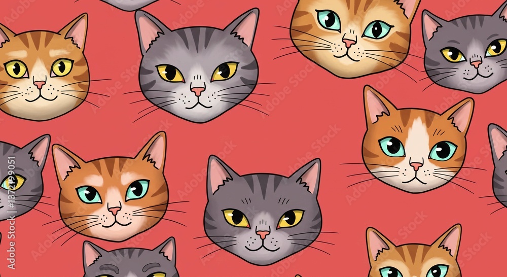 Obraz premium Adorable Cat Faces Seamless Pattern Cute Orange Gray Tabby Kittens Red Background
