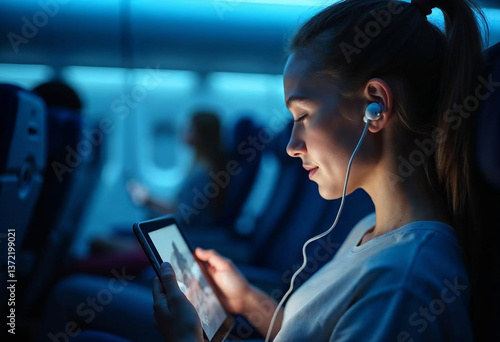 Obraz na płótnie Young woman relaxing with wireless earbuds and tablet on airplane w salonie