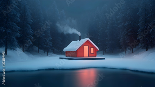 Cozy Red Cabin in a Snowy Forest at Night