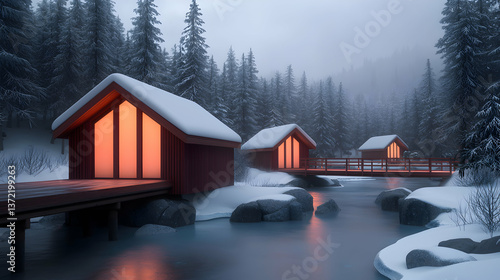 Cozy Red Cabins on Snowy River in Winter Forest