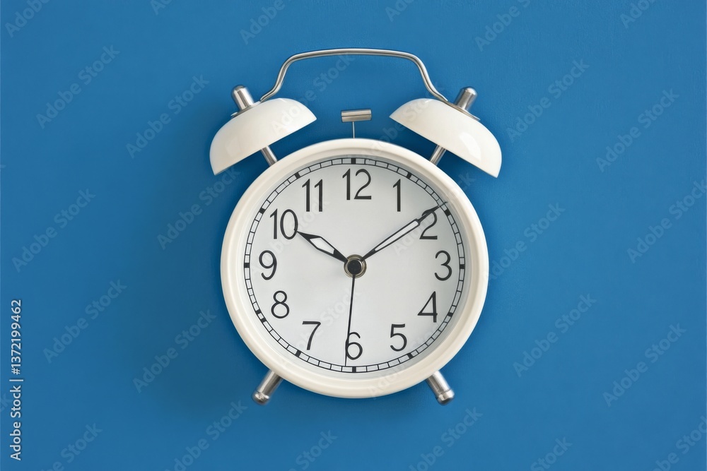 Top-down view of white alarm clock with black numbers on blue background, featuring silver metal bells on each side Top-down view of white alarm clock with black numbers on blue background, featuring silver metal bells on each side