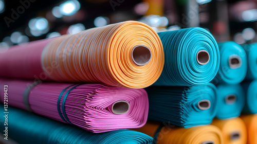 Colorful Fabric Rolls Stacked in Warehouse
