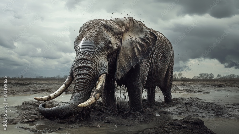 Fototapeta premium African Elephant in Mud Bath, Cloudy Savanna Background