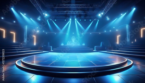 TV game show set up with big spotlights shining down on the empty stage