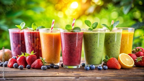Fresh fruit smoothies on blurry background
