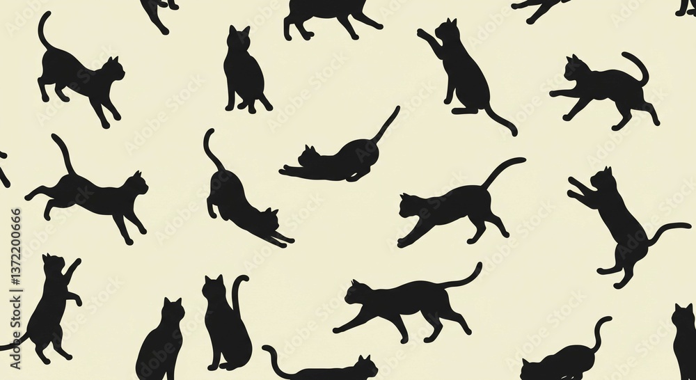 Seamless Pattern of Playful Black Cat Silhouettes on Beige Background Feline Design Seamless Pattern of Playful Black Cat Silhouettes on Beige Background Feline Design