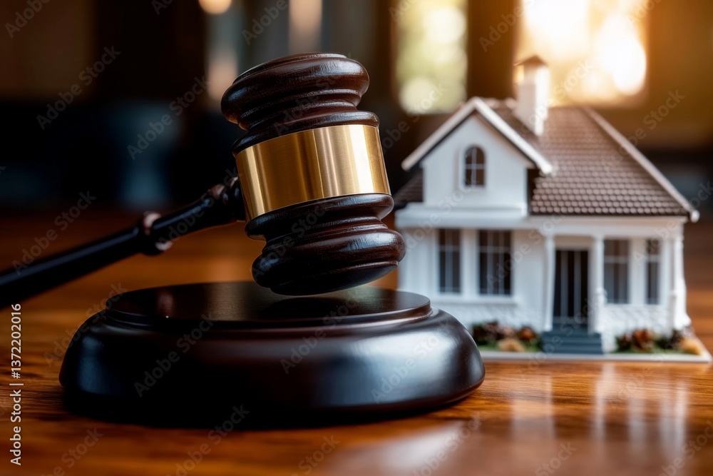 Wooden gavel on table with miniature white house model against outdoor backdrop, creating a peaceful and serene scene Wooden gavel on table with miniature white house model against outdoor backdrop, creating a peaceful and serene scene