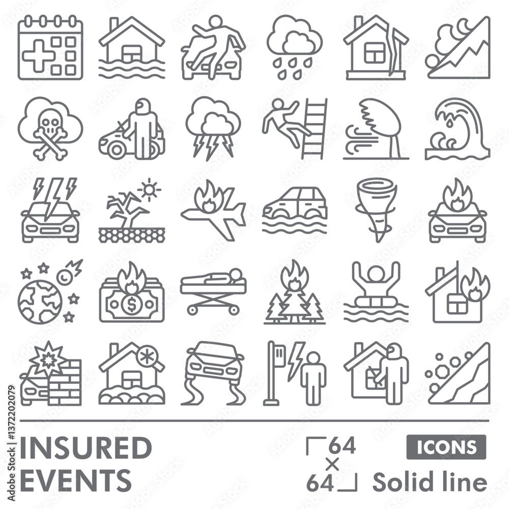 Fototapeta premium Insured events symbols collection or sketches. insurance theme icons in line style signs for web and app. Vector graphics isolated on white background.