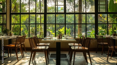 Restaurant Interior with Large Windows.  Sunlight through Plants.  Possible Use Stock Photo