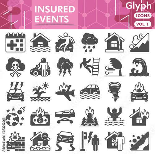 Insured events symbols collection or sketches. insurance theme icons in glyph style signs for web and app. Vector graphics isolated on white background.