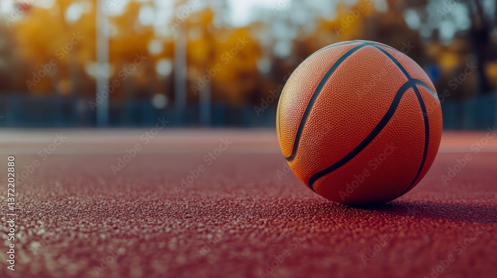 Basketball Ball on Court Ready for Game or Practice in Autumn Basketball Ball on Court Ready for Game or Practice in Autumn