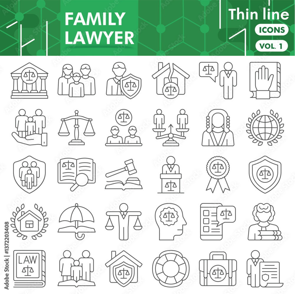 Fototapeta premium Family lawyer collection or sketches. law and justice theme icons in thin line style signs for web and app. Vector graphics isolated on white background.