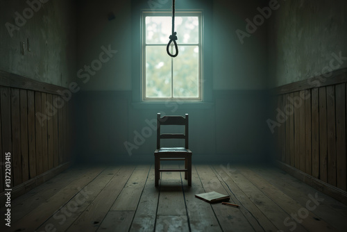 Interior image of sad scene with hanging rope as suicide concept.