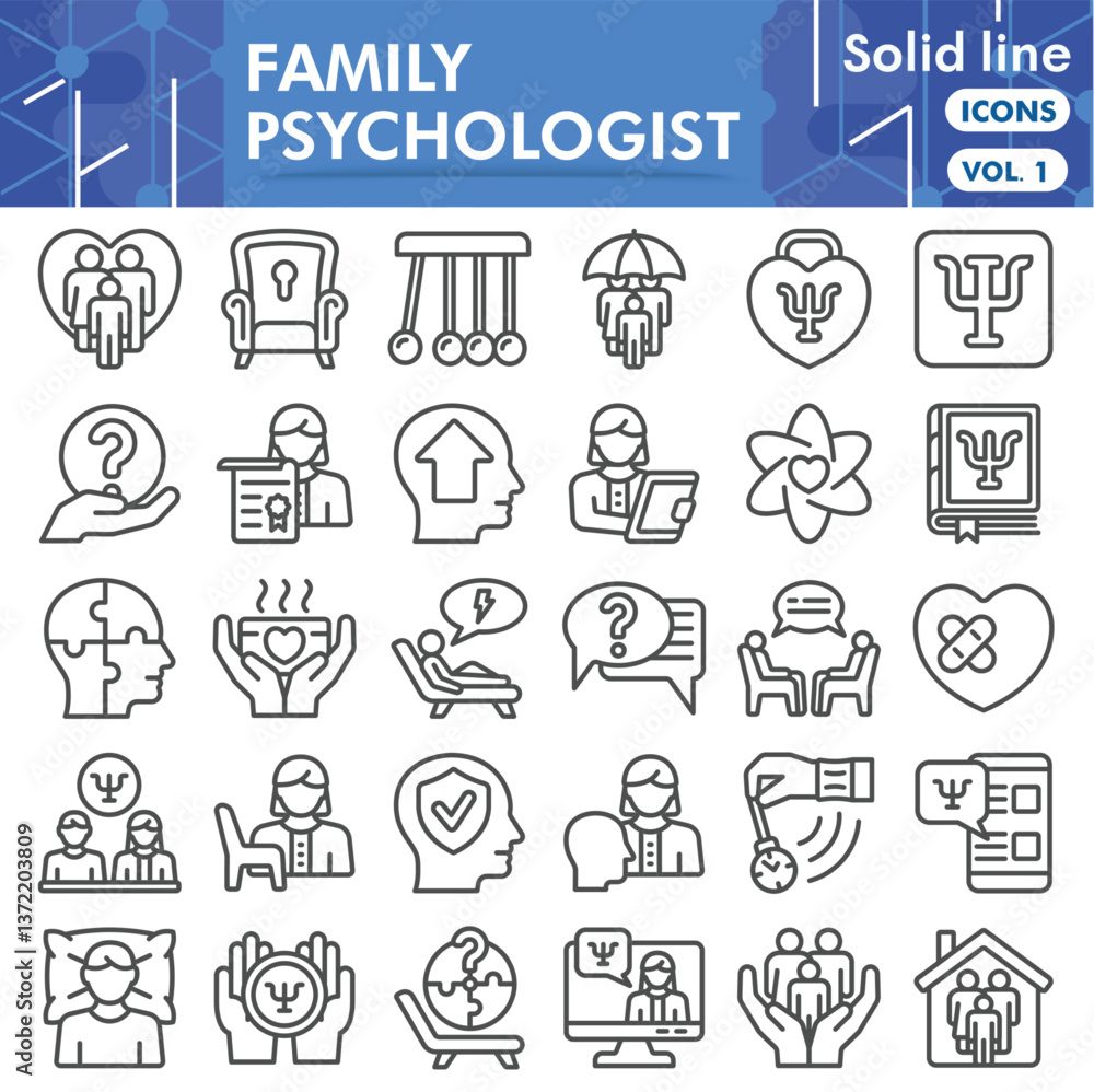 Fototapeta premium Family psychologist collection or sketches. psychology theme icons in line style signs for web and app. Vector graphics isolated on white background.
