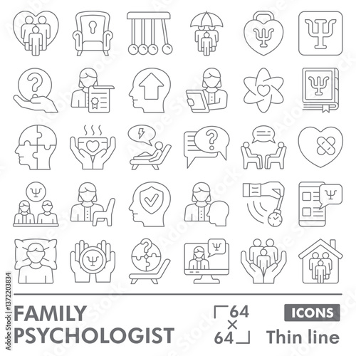 Family psychologist collection or sketches. psychology theme icons in thin line style signs for web and app. Vector graphics isolated on white background.