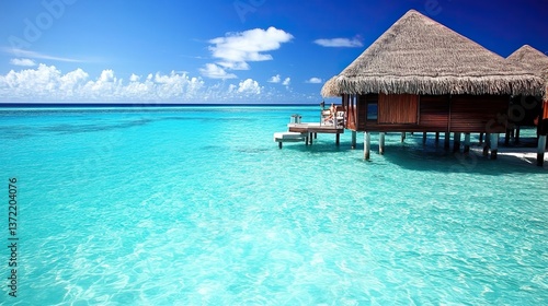 Tropical Maldives Islands with Clear Blue Waters, White Sandy Beaches and Thatched - Roof Bungalows for Travel and Vacation Inspiration.