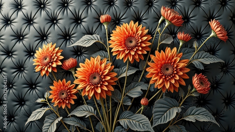 Naklejka premium Vibrant orange flowers against luxurious quilted dark background