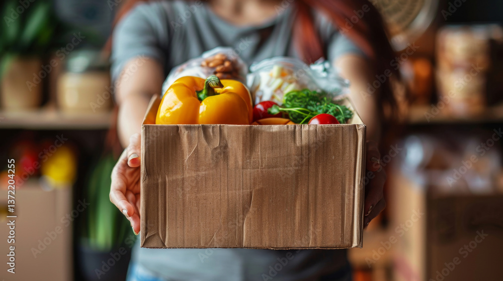 Woman volunteer hands holding food donations box with food grocery product.