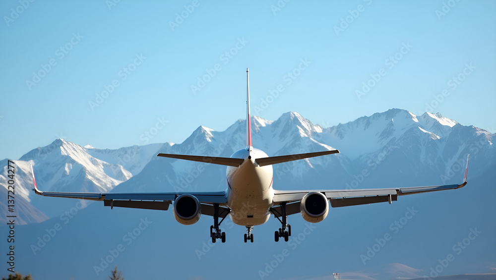 Airplane Landing with Mountain Background – Aviation Travel Photography. generative ai Airplane Landing with Mountain Background – Aviation Travel Photography. generative ai