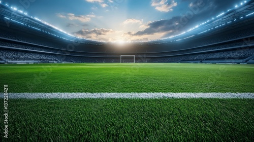 Soccer Stadium Empty Field Green Grass Goal Under Cloudy Sky Day