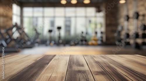 Wallpaper Mural Wooden Table in Gym with Blurred Fitness Equipment Background Promotion Torontodigital.ca