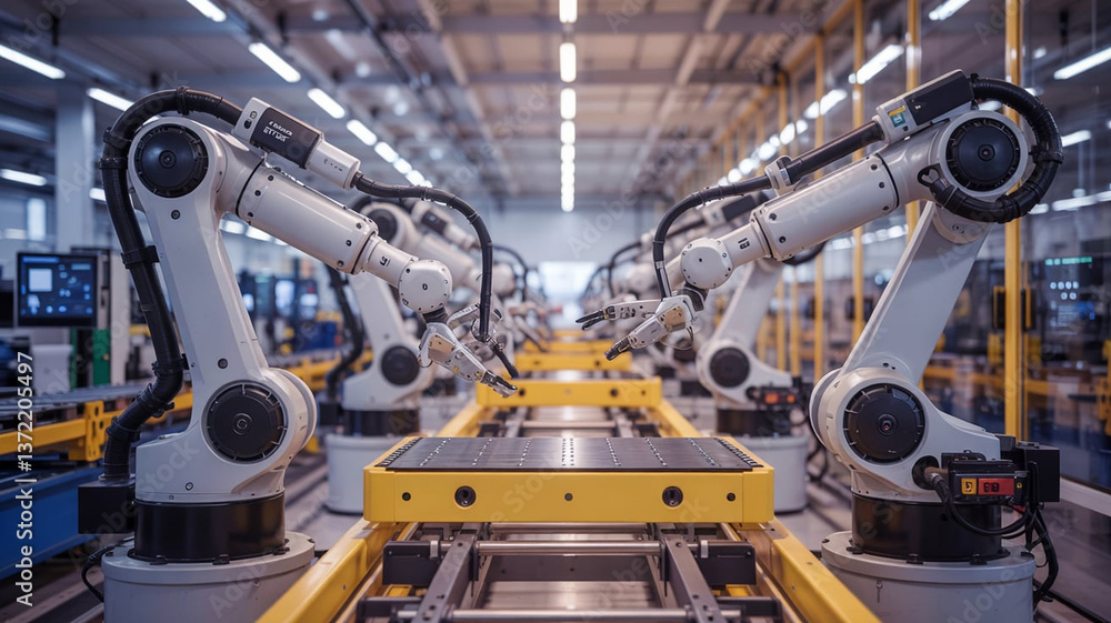 Robots work on an assembly line in a modern manufacturing facility during daytime hours Robots work on an assembly line in a modern manufacturing facility during daytime hours