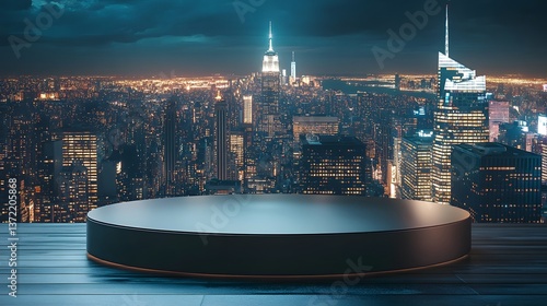 Fototapeta Naklejka Na Ścianę i Meble -  A podium placed in front of a panoramic view of a city at night