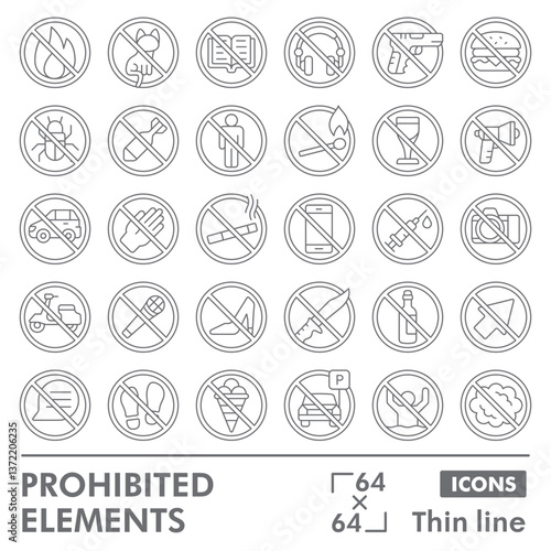 Prohibited elements collection or sketches. forbidden element theme icons in thin line style signs for web and app. Vector graphics isolated on white background.