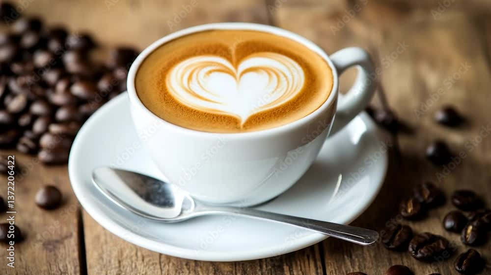 Heart-Shaped Latte Art with Coffee Beans on Rustic Wooden Table Heart-Shaped Latte Art with Coffee Beans on Rustic Wooden Table