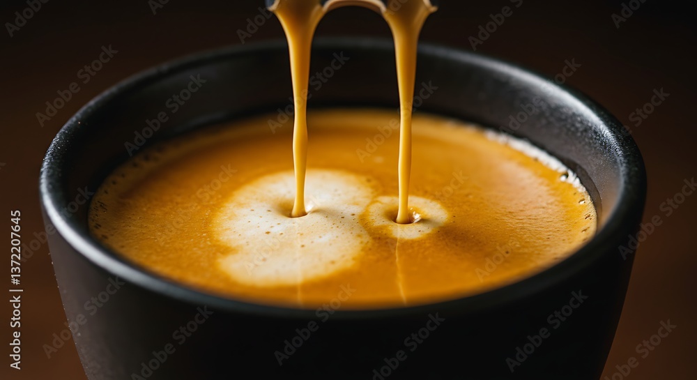Pouring Espresso Into Black Cup Creating Foam Rings on Surface Pouring Espresso Into Black Cup Creating Foam Rings on Surface