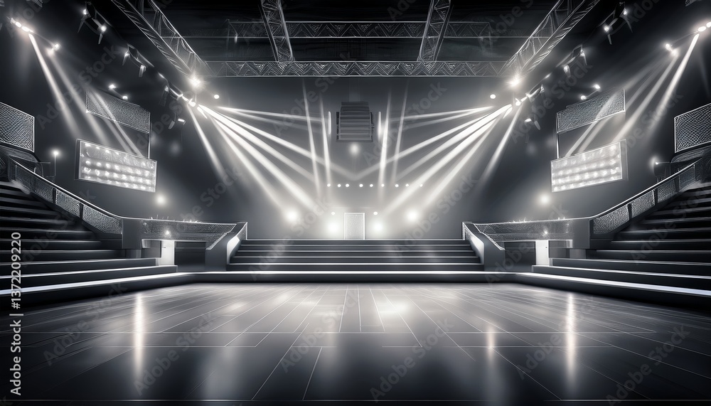 TV game show set up with big spotlights shining down on the empty stage TV game show set up with big spotlights shining down on the empty stage