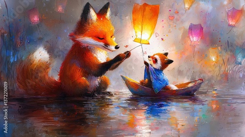 Whimsical Illustration of Foxes in a Colorful Forest with Lanterns on Water Creating a Magical, Enchanting Night Scene
