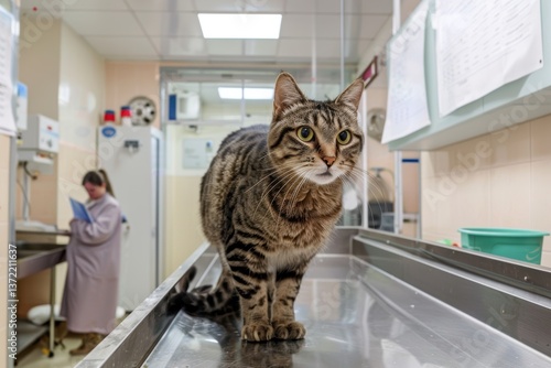 Wallpaper Mural Cat exploring a veterinary clinic while staff member records information nearby Torontodigital.ca